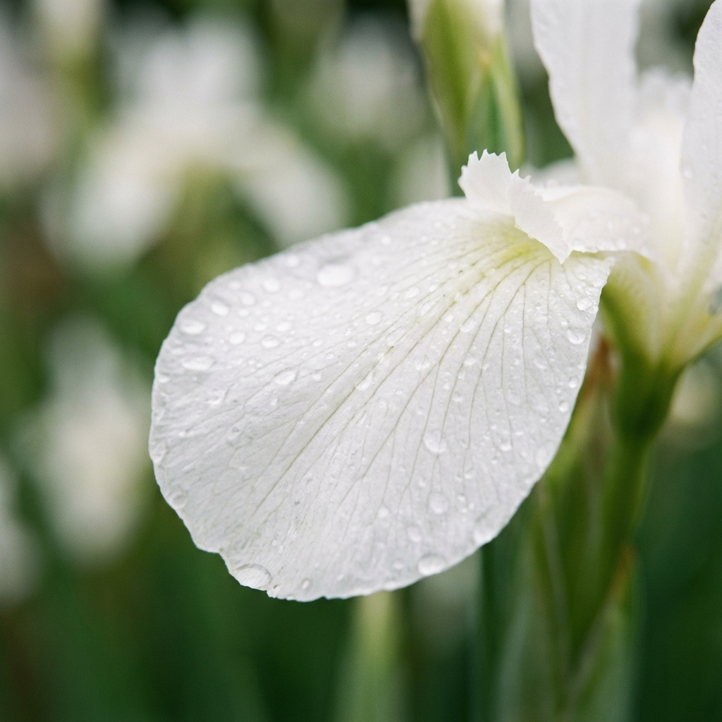 White flower petal macro with water droplets