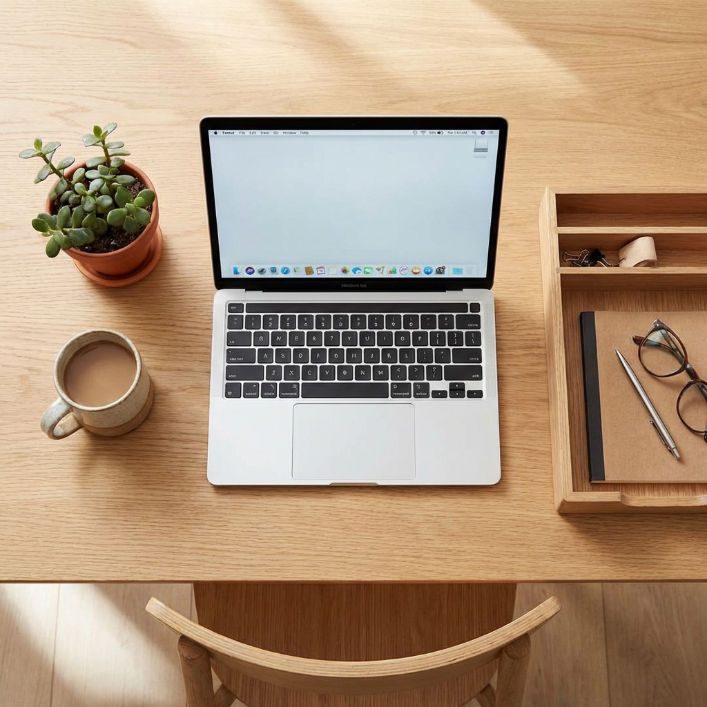 Clean desk setup top down view